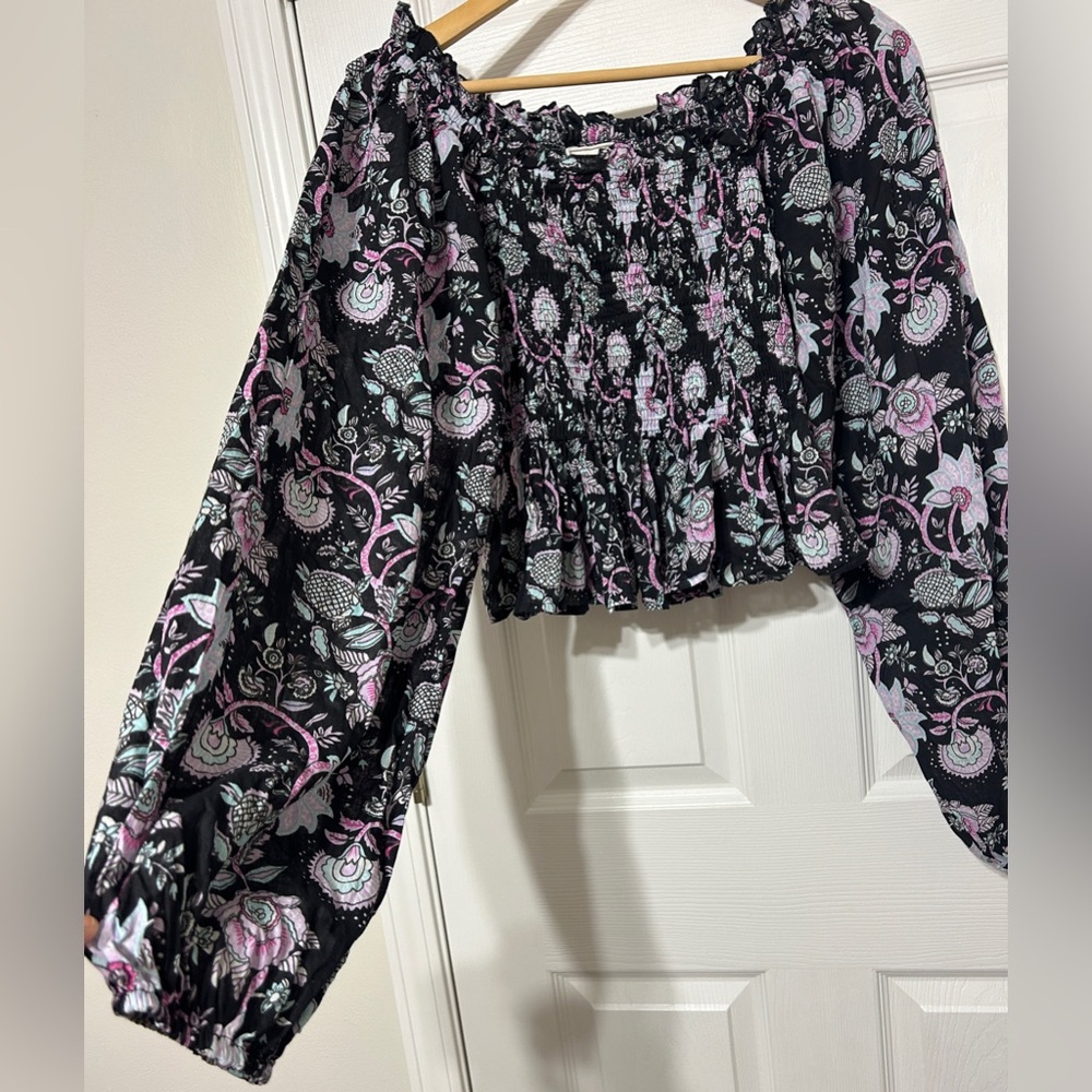 Mille Resort Circe Top Blouse Black Floral Tropical Night Lantern Sleeves Size M - Picture 6 of 7